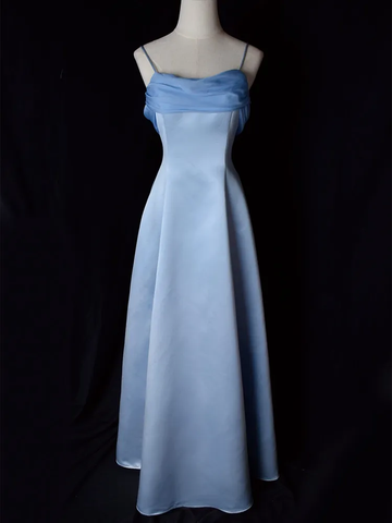 Elegante vestido de noche de satén azul con tirantes finos, corte A, largo, para fiesta y graduación, Y7557