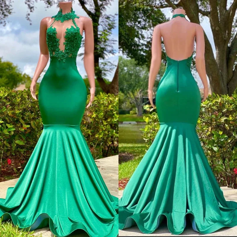 Sleeveless Mermaid Prom Dress with Open Back and Elegant Appliques by BIZTUNNEL