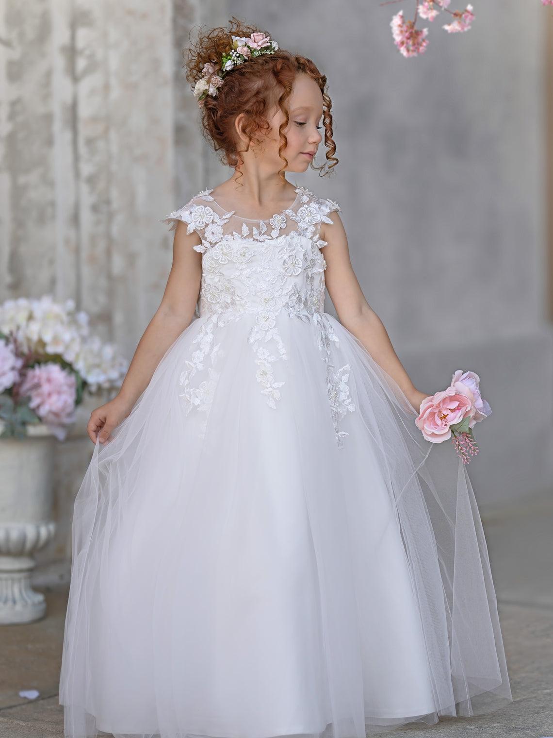 Ivory Princess Gown with Lace Appliques and Tulle Bow | Short Sleeve Ankle-Le… - photo 4