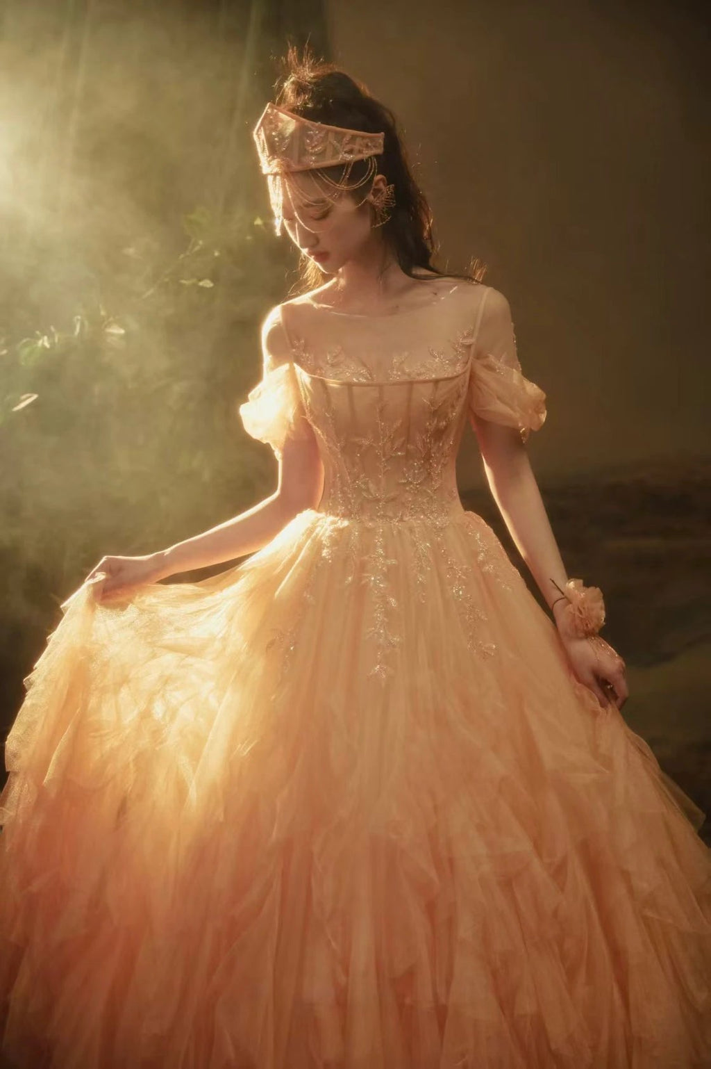 Ethereal Sunset-Hued Tulle Ball Gown with Illusion Neckline, Puff Sleeves & Sequin Floral Embroidery by ZAPDRESS