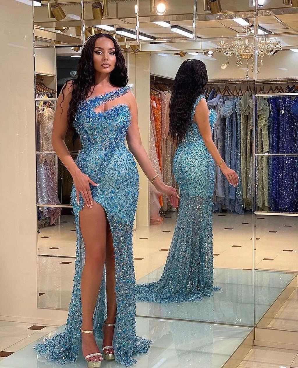 Vintage Long Sequined Beadings One Shoulder Mermaid Prom Dress With Split by BIZTUNNEL