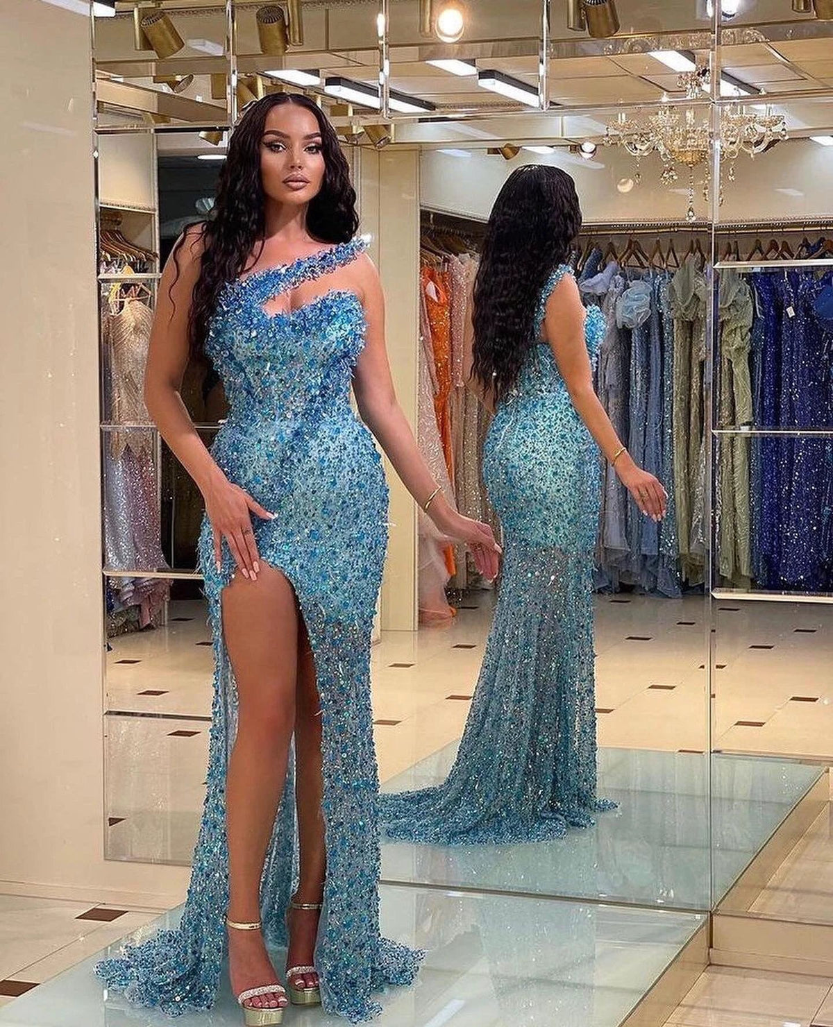 Vintage Long Sequined Beadings One Shoulder Mermaid Prom Dress With Split by BIZTUNNEL