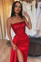 Red Long Mermaid Strapless Satin Formal Prom Dress with High Split (ZD04760)