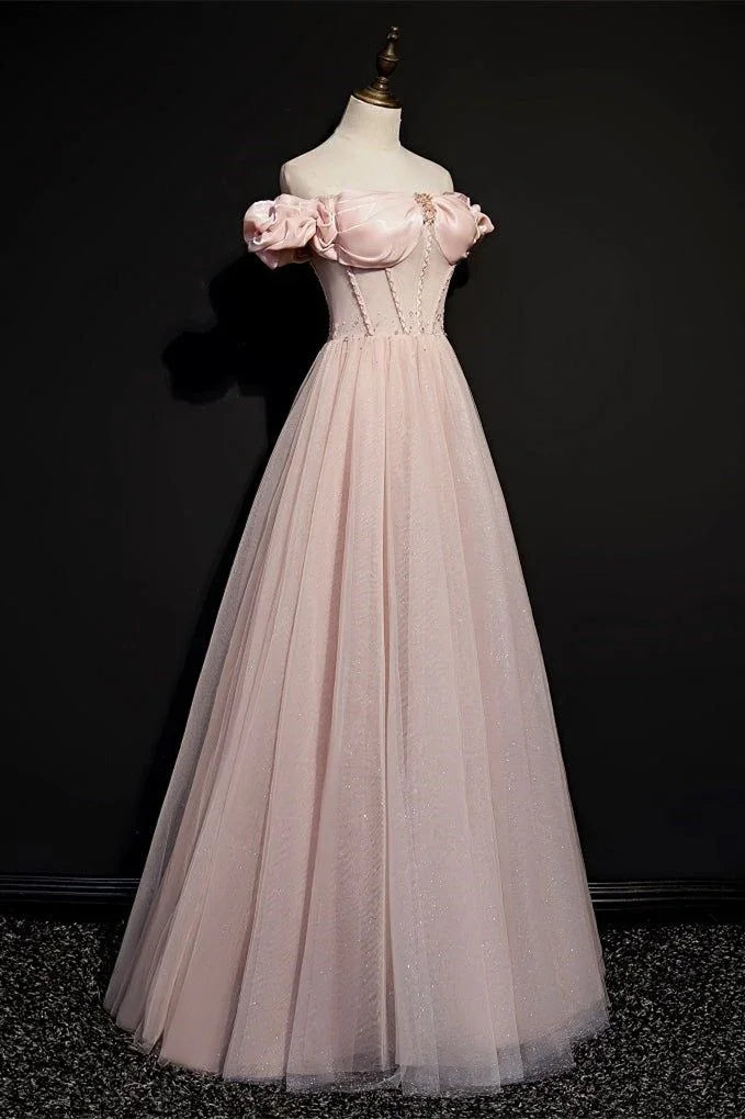 Pink Tulle Beaded Princess Prom Dress Off The Shoulder Ball Gown Evening Dress Y7584 by simplepromdress