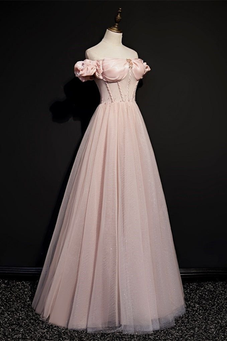 Vestido de fiesta princesa de tul rosa con cuentas y hombros descubiertos, vestido de noche Y7584