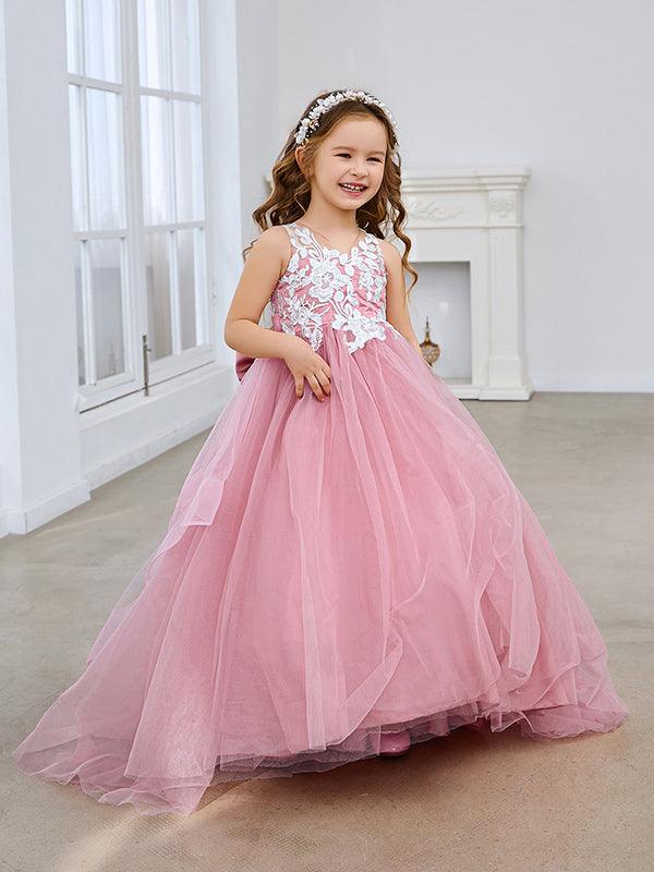 Princess Sleeveless Tulle Flower Girl Dress with Lace and Bow Pink (010224320) - photo 2