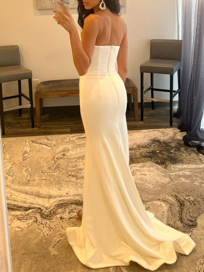 White Strapless V Neck Long Prom Dress With Slit Main Image