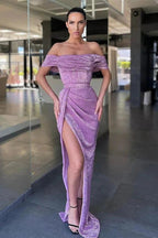 Lilac Split Front Off-The-Shoulder Prom Dress With Sequins by BIZTUNNEL