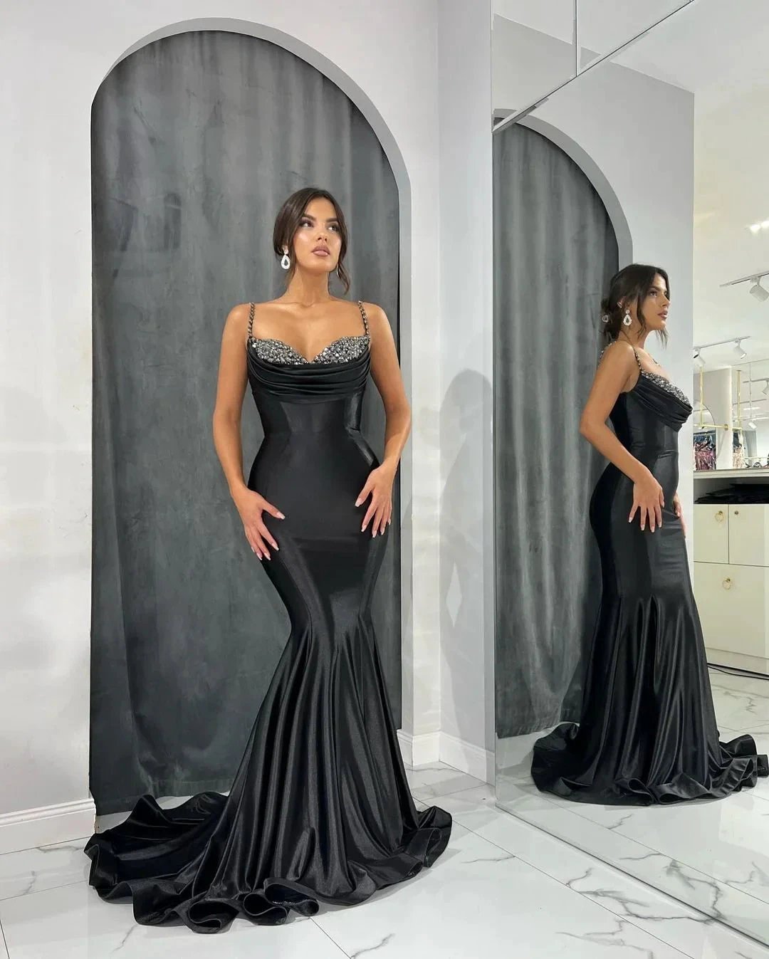 Long Mermaid Spaghetti Straps Sweetheart Satin Evening Prom Dress by BIZTUNNEL