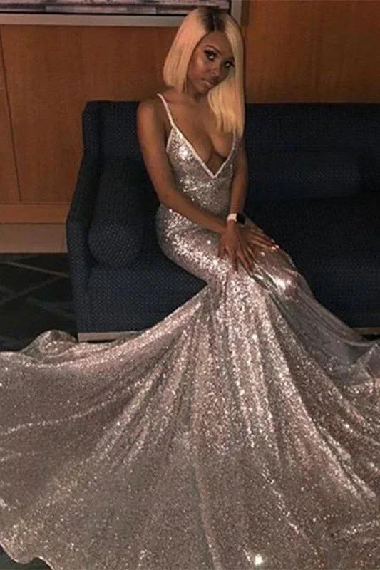 Sexy Silver Sequin Deep V-Neck Mermaid Long Prom Dress With Spaghetti Straps by BIZTUNNEL