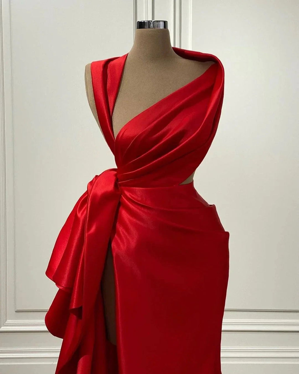 Red Mermaid Draped Satin Floor Length Prom Gown with Slit by BIZTUNNEL