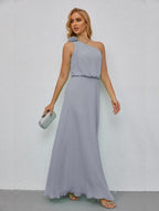 Ruffled One Shoulder Sleeveless Long Bridesmaid Dresses A-line Formal Evening Gown Side Split 28080 by numbersea