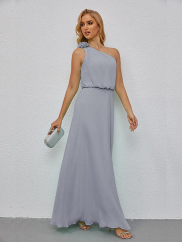 Ruffled One Shoulder Sleeveless Long Bridesmaid Dresses A-line Formal Evening Gown Side Split 28080