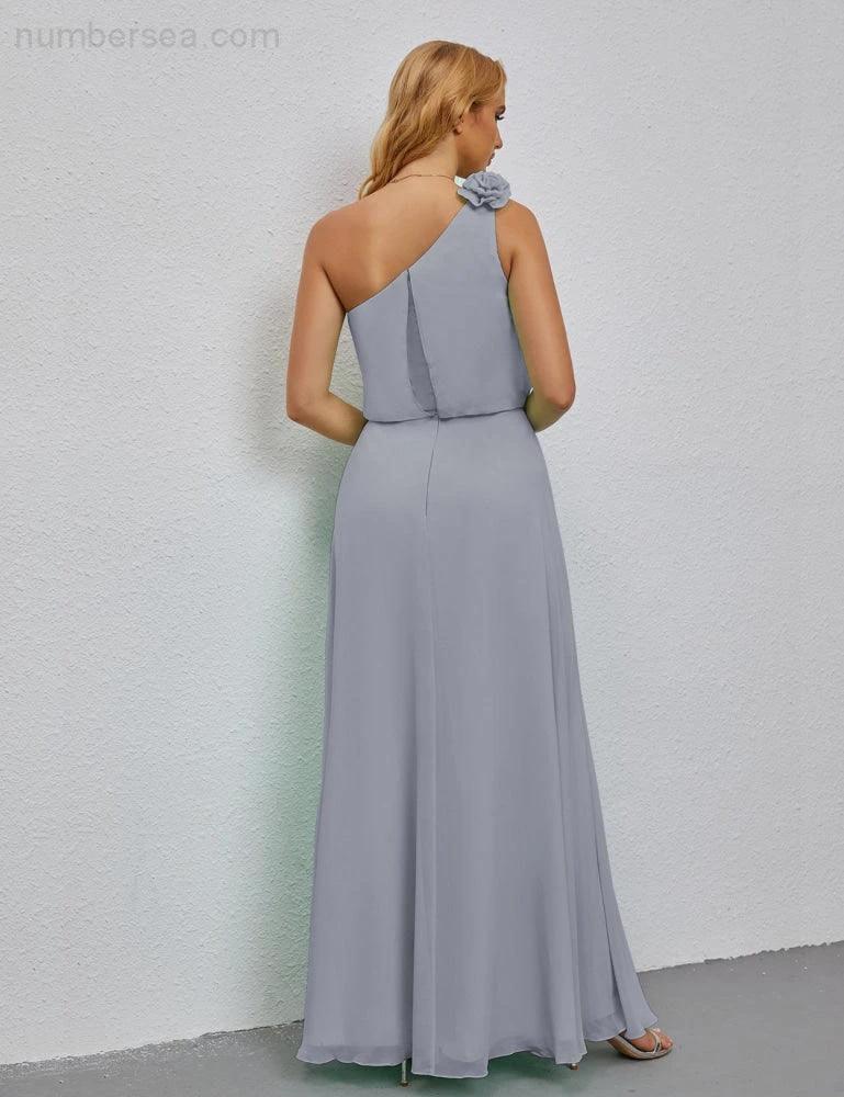 Ruffled One Shoulder Sleeveless Long Bridesmaid Dresses A-line Formal Evening Gown Side Split 28080 by numbersea
