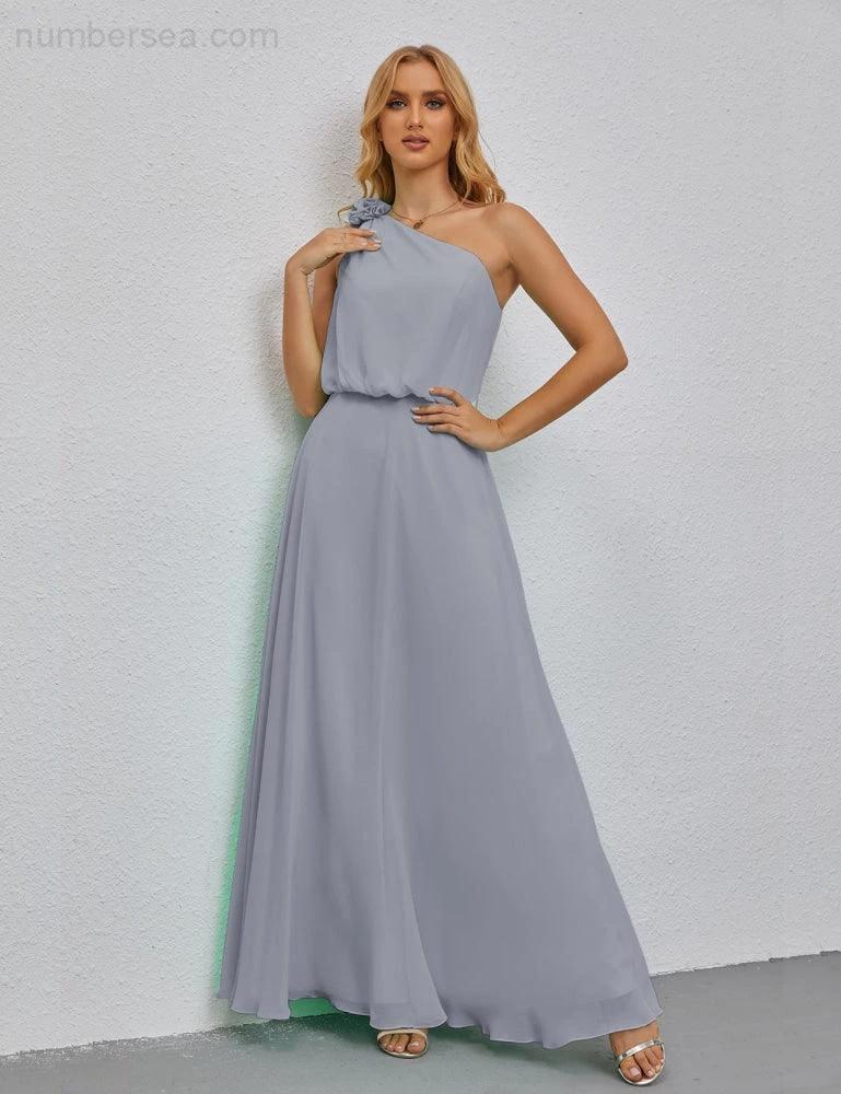 Ruffled One Shoulder Sleeveless Long Bridesmaid Dresses A-line Formal Evening Gown Side Split 28080 by numbersea