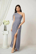 Numbersea Chiffon Ruffled One Shoulder Long Bridesmaid Dresses A-line Formal Evening Gown Side Split 2809 by numbersea