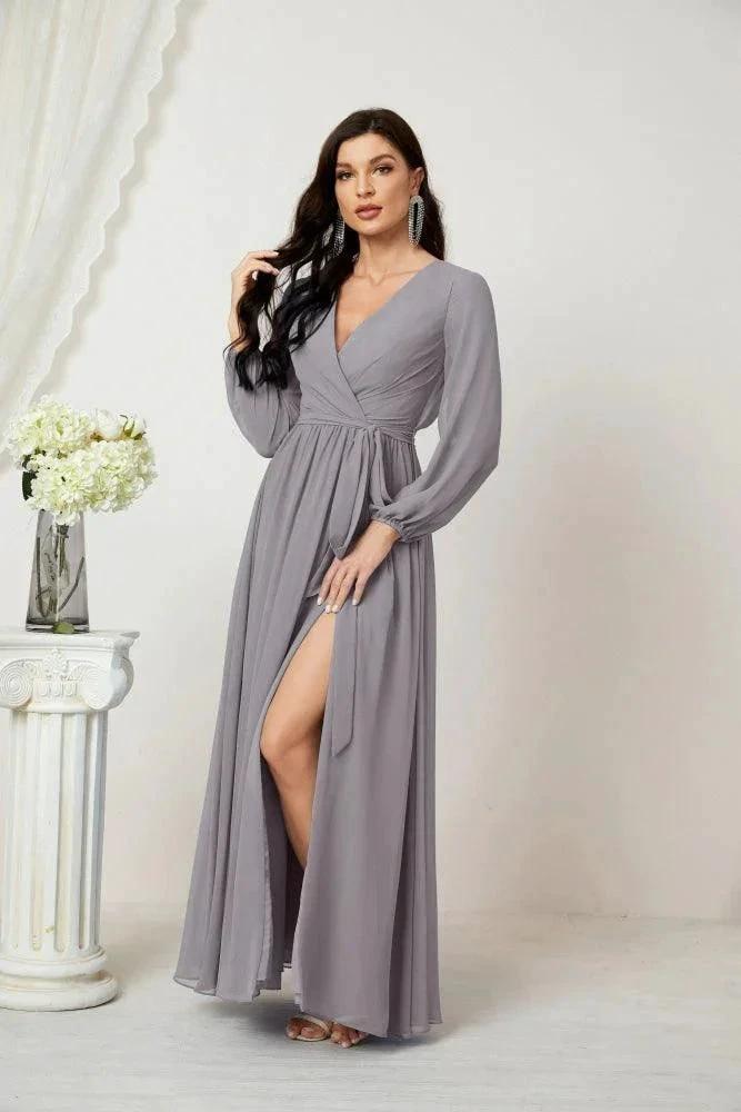 Sunnderly Evening Dresses Deep V-Neck Chiffon Bridesmaid Dresses Long Bishop Sleeve Side Split Formal Dress SY2806 by numbersea