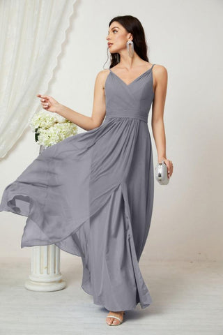 Numbersea Chiffon V-Neck Bridesmaid Dress Spaghetti Strap Long Formal Party Prom Gowns with Slit 28010