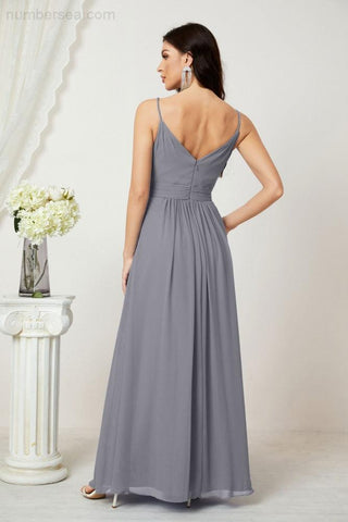 Numbersea Chiffon V-Neck Bridesmaid Dress Spaghetti Strap Long Formal Party Prom Gowns with Slit 28010