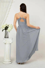 Numbersea Neck Bridesmaid Dresses Chiffon Long Spaghetti A-line Formal Prom Gown for Wedding Party Evening 2801 by numbersea