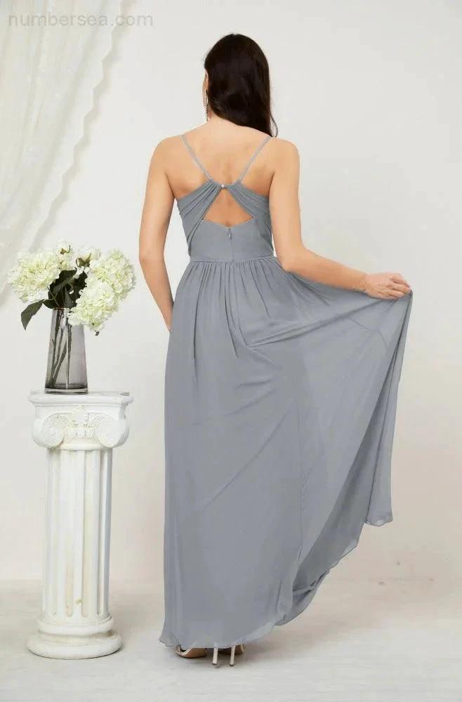 Numbersea Neck Bridesmaid Dresses Chiffon Long Spaghetti A-line Formal Prom Gown for Wedding Party Evening 2801 by numbersea