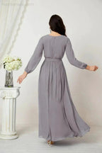 Sunnderly Evening Dresses Deep V-Neck Chiffon Bridesmaid Dresses Long Bishop Sleeve Side Split Formal Dress SY2806 by numbersea