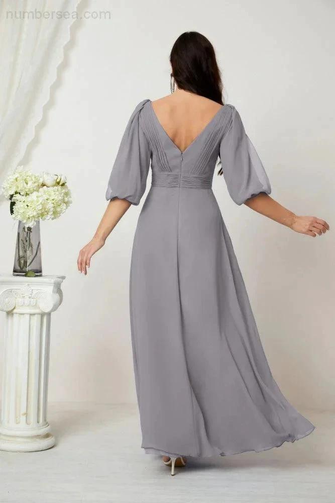 Numbersea Formal Prom Gown Women V-Neck Chiffon Bridesmaid Dresses Long Bishop Sleeve Party Dress 2807 by numbersea