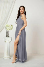 Robe de demoiselle d'honneur en mousseline Numbersea à col en V, bretelles fines, longue robe de soirée formelle avec fente 28010