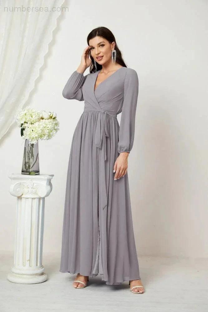 Sunnderly Evening Dresses Deep V-Neck Chiffon Bridesmaid Dresses Long Bishop Sleeve Side Split Formal Dress SY2806 by numbersea
