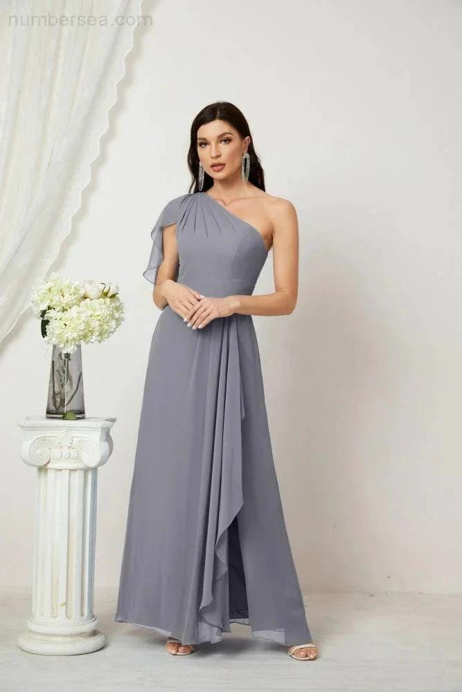 Numbersea Chiffon Ruffled One Shoulder Long Bridesmaid Dresses A-line Formal Evening Gown Side Split 2809 by numbersea