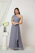 Numbersea Chiffon Ruffled One Shoulder Long Bridesmaid Dresses A-line Formal Evening Gown Side Split 2809 by numbersea