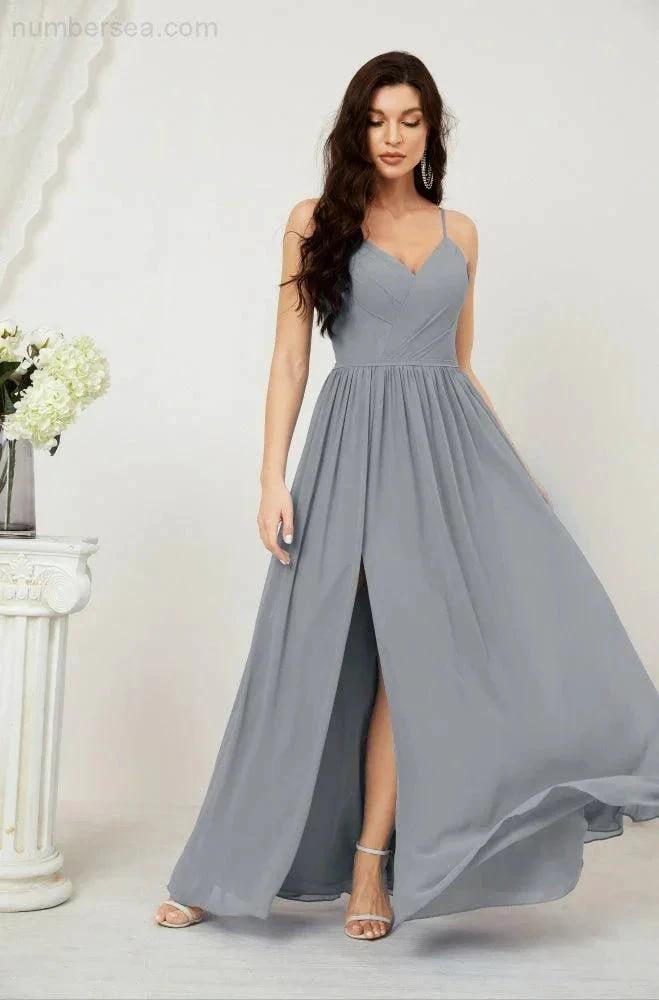 Numbersea Neck Bridesmaid Dresses Chiffon Long Spaghetti A-line Formal Prom Gown for Wedding Party Evening 2801 by numbersea