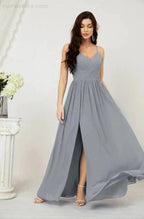 Numbersea Neck Bridesmaid Dresses Chiffon Long Spaghetti A-line Formal Prom Gown for Wedding Party Evening 2801 by numbersea