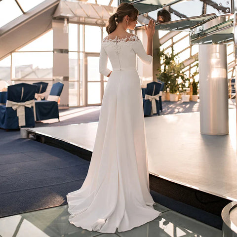 #005 3/4 Sleeve O-Neck Wedding Dress 2025 A-Line Lace Appliques Satin Civil Bridal Gown For WOmen Robe De Mariee Simle Civil Cheap