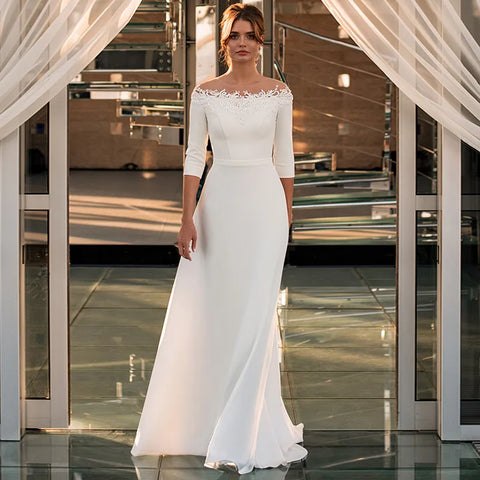 #005 3/4 Sleeve O-Neck Wedding Dress 2025 A-Line Lace Appliques Satin Civil Bridal Gown For WOmen Robe De Mariee Simle Civil Cheap