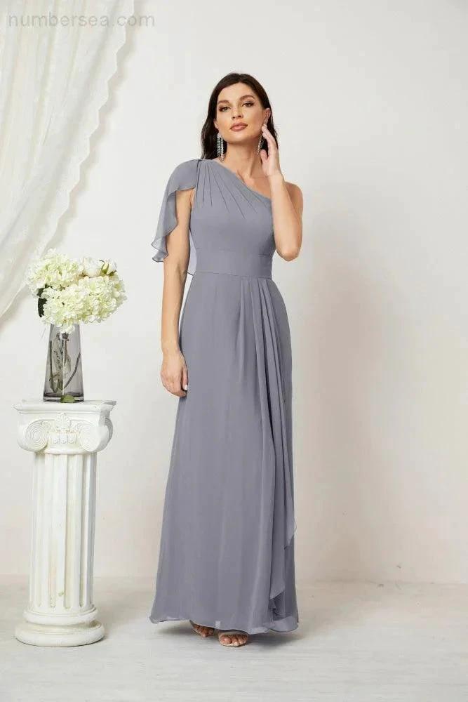 Numbersea Chiffon Ruffled One Shoulder Long Bridesmaid Dresses A-line Formal Evening Gown Side Split 2809 by numbersea