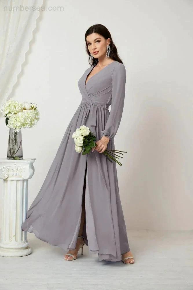 Sunnderly Evening Dresses Deep V-Neck Chiffon Bridesmaid Dresses Long Bishop Sleeve Side Split Formal Dress SY2806 by numbersea
