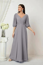 Numbersea Formal Prom Gown Women V-Neck Chiffon Bridesmaid Dresses Long Bishop Sleeve Party Dress 2807 by numbersea