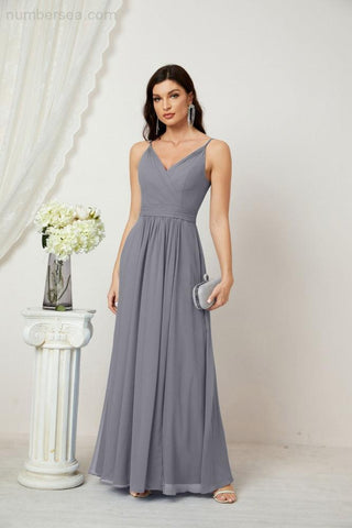 Numbersea Chiffon V-Neck Bridesmaid Dress Spaghetti Strap Long Formal Party Prom Gowns with Slit 28010