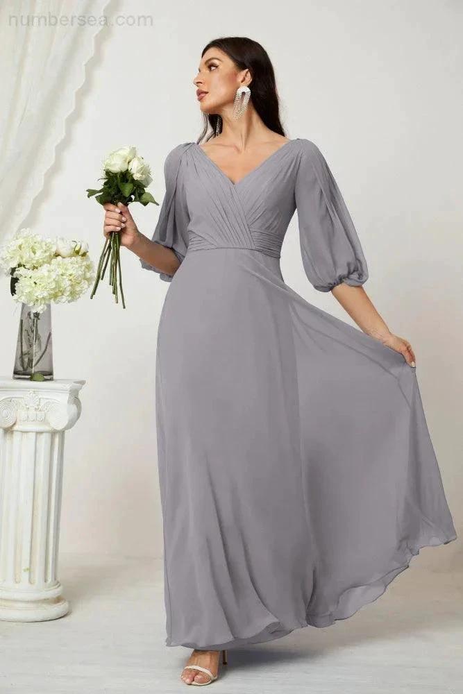 Numbersea Formal Prom Gown Women V-Neck Chiffon Bridesmaid Dresses Long Bishop Sleeve Party Dress 2807 by numbersea