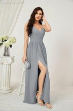 Numbersea Neck Bridesmaid Dresses Chiffon Long Spaghetti A-line Formal Prom Gown for Wedding Party Evening 2801 by numbersea