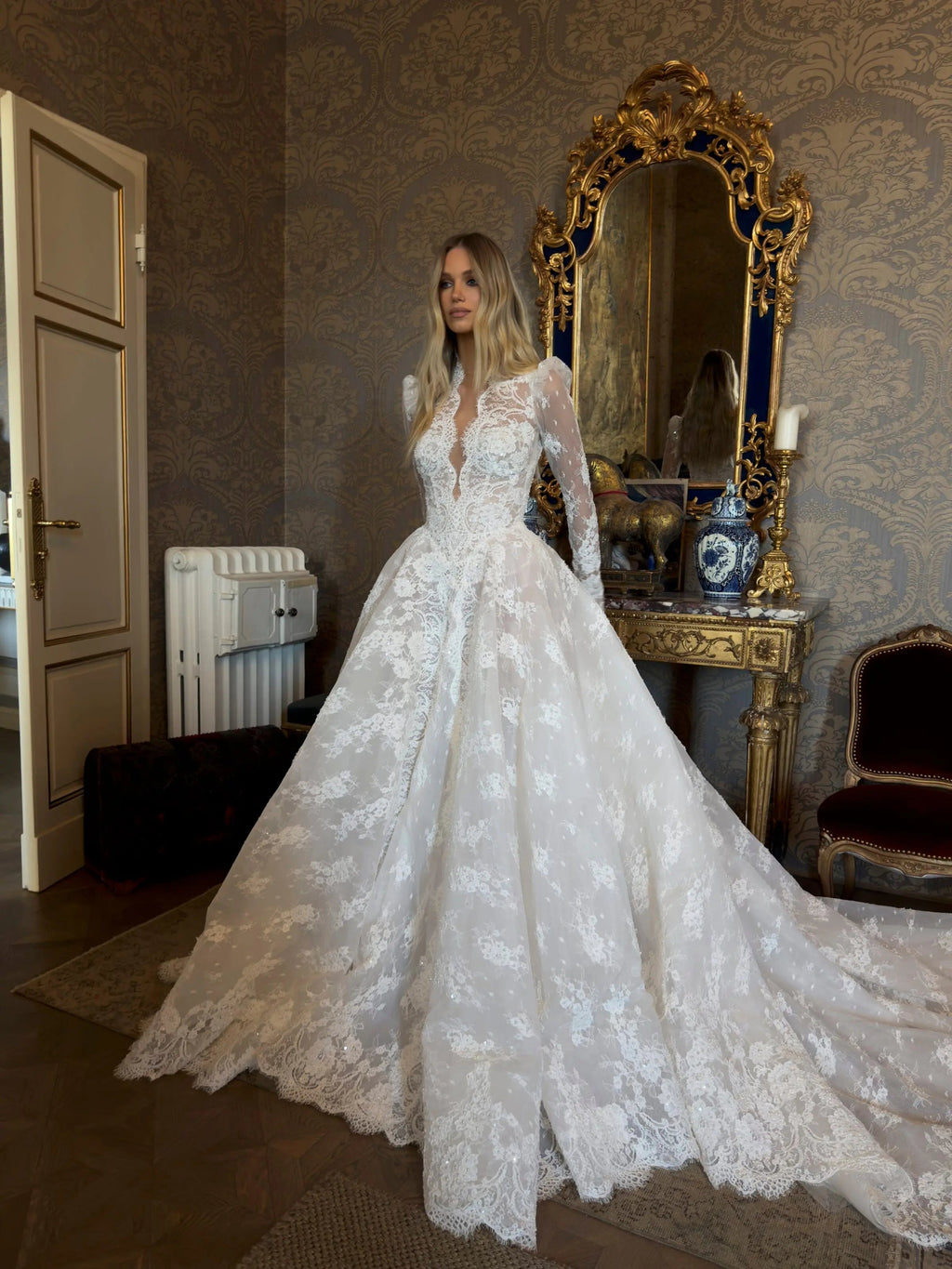 Luxury White High Neck Sequin Long Sleeve Lace A-Line Wedding Dress SW211