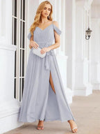 Numbersea Off The Shoulder Chiffon Bridesmaid Dress Long Formal Graduation Gown with Cowl Back 28069 by numbersea