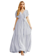 Women's Open Back Formal Evening Party Prom Gowns V-Neck Long Chiffon Bridesmaid Dresses with Waist Belt SEA28038 by numbersea