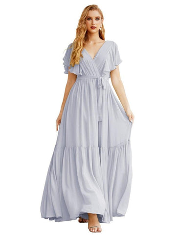 Women's Open Back Formal Evening Party Prom Gowns V-Neck Long Chiffon Bridesmaid Dresses with Waist Belt SEA28038