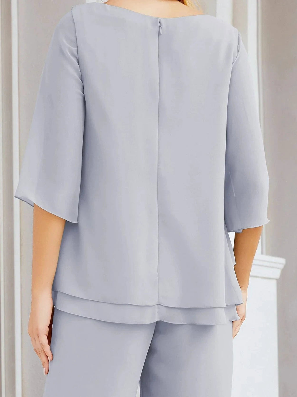 Sunnderly Elegant 2 Piece Mother of The Bride Dress Plus Size Pant Suits Ruffle Layers Sliver Housecoat SY28064 by numbersea