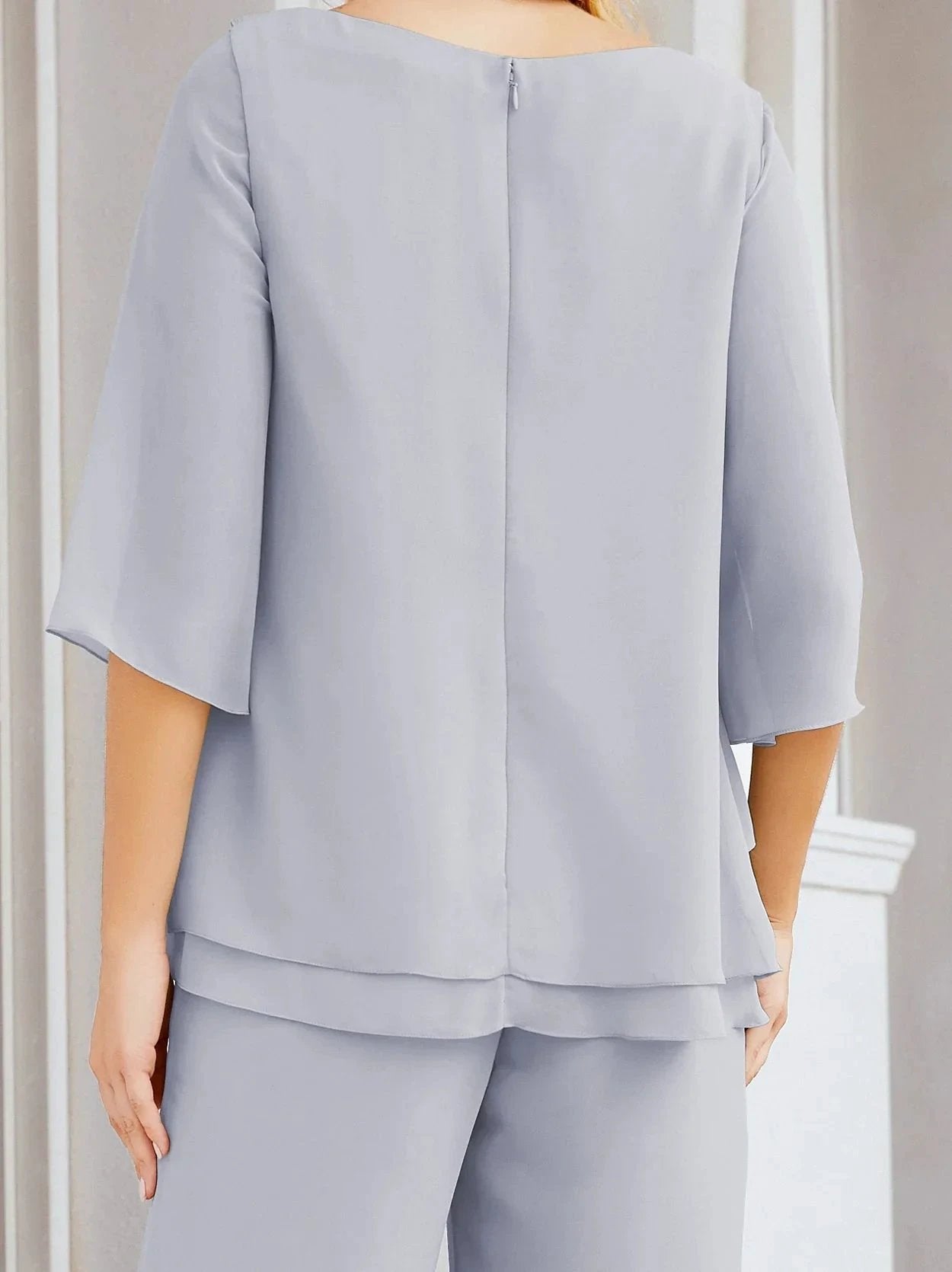 Sunnderly Elegant 2 Piece Mother of The Bride Dress Plus Size Pant Suits Ruffle Layers Sliver Housecoat SY28064 by numbersea