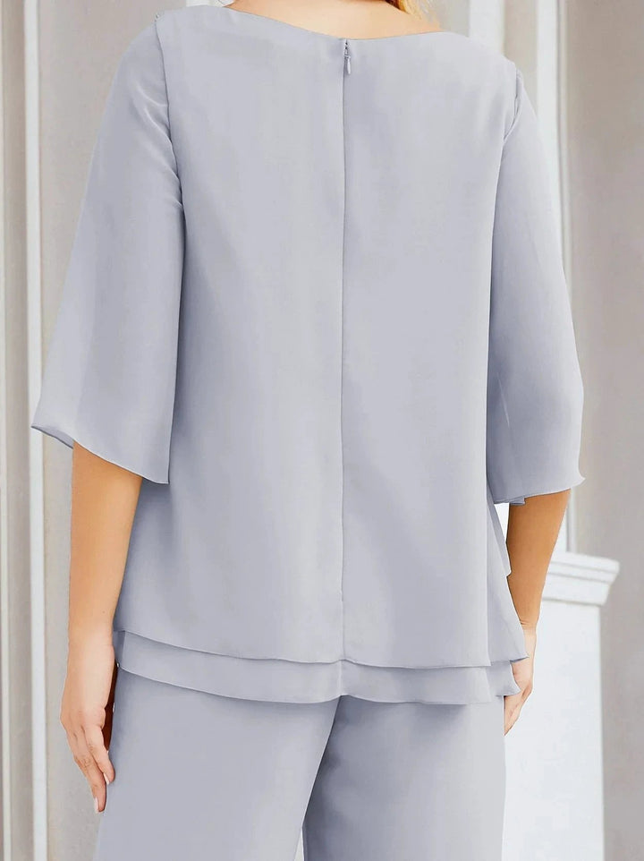 Sunnderly Elegant 2 Piece Mother of The Bride Dress Plus Size Pant Suits Ruffle Layers Sliver Housecoat SY28064 by numbersea