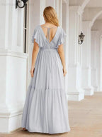 Numbersea Women's Open Back Formal Evening Party Prom Gowns V-Neck Long Chiffon Bridesmaid Dresses with Waist Belt 28038 by numbersea