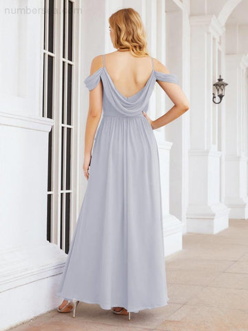 Numbersea Off The Shoulder Chiffon Bridesmaid Dress Long Formal Graduation Gown with Cowl Back 28069